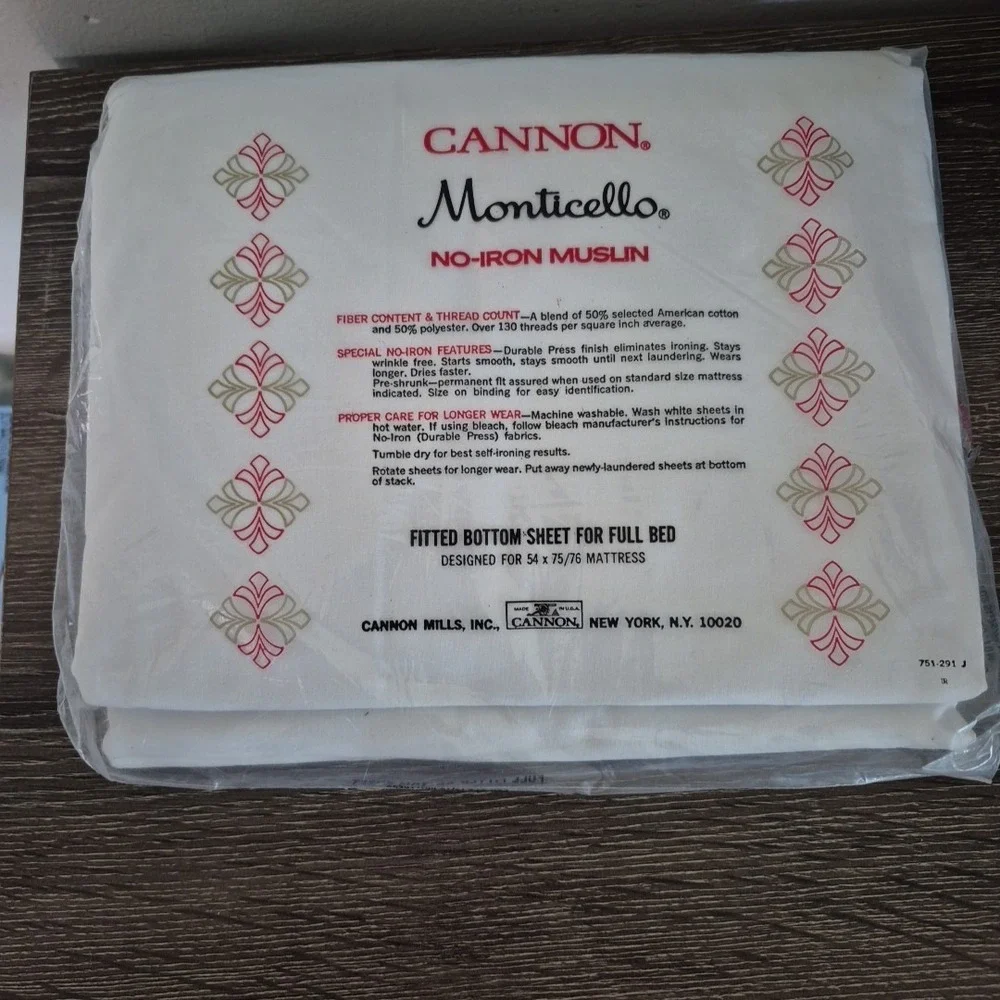 Vintage Cannon Monticello No‎ Iron Muslin Full Fitted Sheet 54x75 50/50 USA NOS